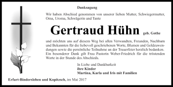 Traueranzeige von Gertraud Hühn von Thüringer Allgemeine, Thüringische Landeszeitung