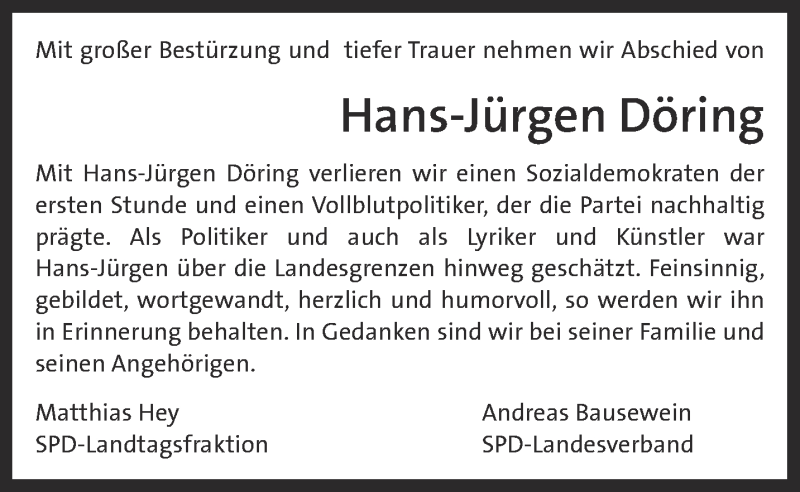  Traueranzeige für Hans-Jürgen Döring vom 06.05.2017 aus Thüringer Allgemeine, Thüringische Landeszeitung, Ostthüringer Zeitung