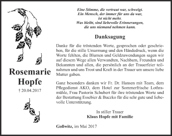 Traueranzeige von Rosemarie Hopfe von Ostthüringer Zeitung