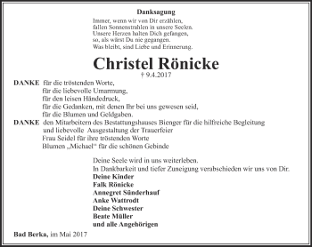 Traueranzeige von Christel Rönicke von Thüringer Allgemeine, Thüringische Landeszeitung