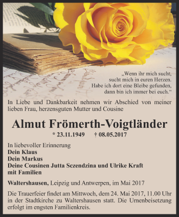 Traueranzeige von Almut Frömerth-Voigtländer von Ostthüringer Zeitung, Thüringische Landeszeitung