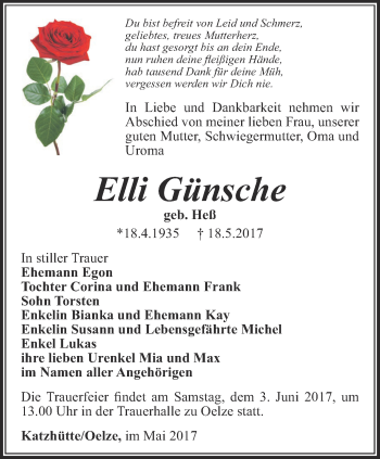 Traueranzeige von Elli Günsche von Ostthüringer Zeitung