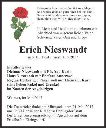 Traueranzeige von Erich Nieswandt von Thüringer Allgemeine, Thüringische Landeszeitung
