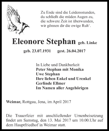 Traueranzeige von Eleonore Stephan von Thüringer Allgemeine, Thüringische Landeszeitung
