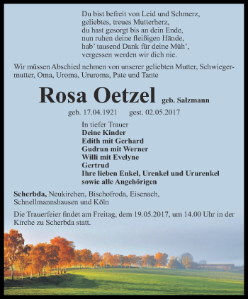Traueranzeige von Rosa Oetzel von Thüringer Allgemeine, Thüringische Landeszeitung