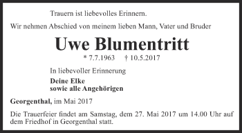 Traueranzeige von Uwe Blumentritt von Ostthüringer Zeitung, Thüringische Landeszeitung