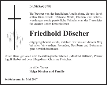 Traueranzeige von Friedhold Döscher von Ostthüringer Zeitung