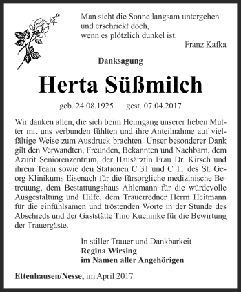 Traueranzeige von Herta Süßmilch von Thüringer Allgemeine, Thüringische Landeszeitung