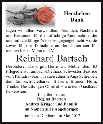 Traueranzeige von Reinhard Bartsch von Ostthüringer Zeitung, Thüringische Landeszeitung