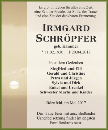 Traueranzeige von Irmgard Schröpfer von Thüringer Allgemeine