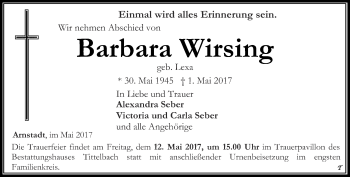 Traueranzeige von Barbara Wirsing von Thüringer Allgemeine