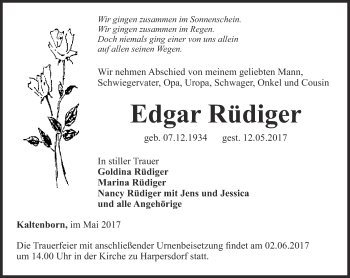 Traueranzeige von Edgar Rüdiger von Ostthüringer Zeitung