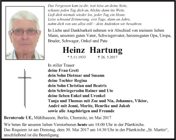 Traueranzeige von Heinz Hartung von Thüringer Allgemeine