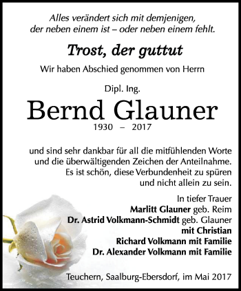 Traueranzeige von Bernd Glauner von Ostthüringer Zeitung