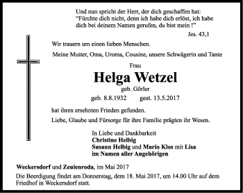 Traueranzeige von Helga Wetzel von Ostthüringer Zeitung