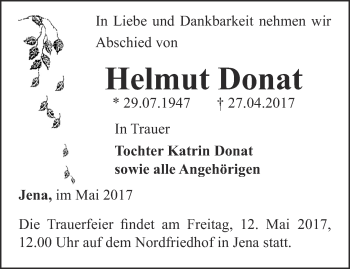 Traueranzeige von Helmut Donat von Ostthüringer Zeitung, Thüringische Landeszeitung