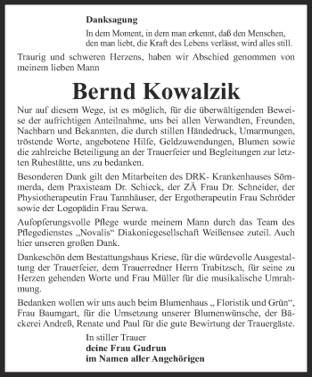 Traueranzeige von Bernd Kowalzik von Thüringer Allgemeine