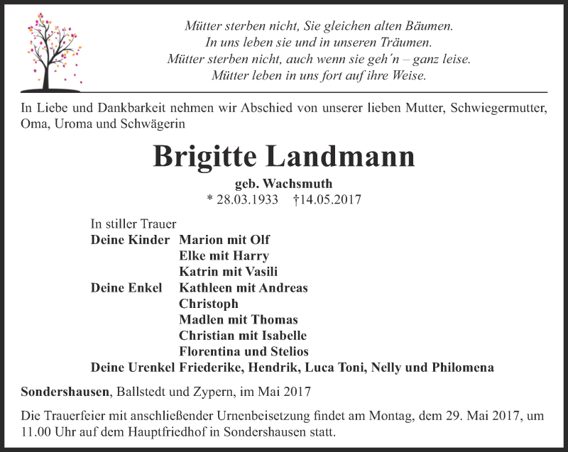  Traueranzeige für Brigitte Landmann vom 23.05.2017 aus Thüringer Allgemeine