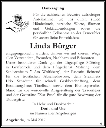 Traueranzeige von Linda Bürger von Thüringer Allgemeine