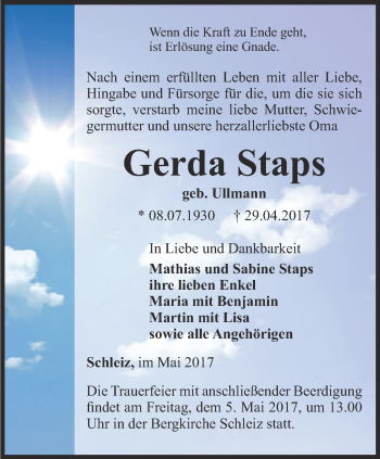 Traueranzeige von Gerda Staps von Ostthüringer Zeitung