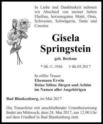 Traueranzeige von Gisela Springstein von Ostthüringer Zeitung