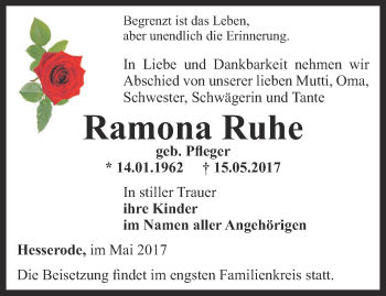 Traueranzeige von Ramona Ruhe von Thüringer Allgemeine