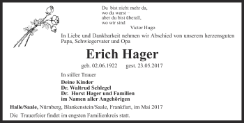 Traueranzeige von Erich Hager von Ostthüringer Zeitung