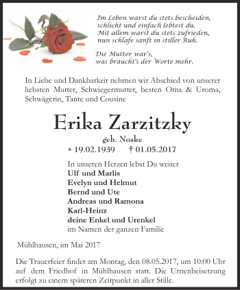 Traueranzeige von Erika Zarzitzky von Thüringer Allgemeine, Thüringische Landeszeitung