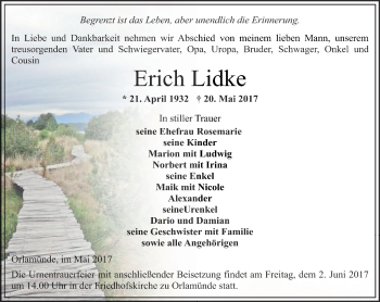 Traueranzeige von Erich Lidke von Ostthüringer Zeitung, Thüringische Landeszeitung