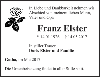 Traueranzeige von Franz Elster von Ostthüringer Zeitung, Thüringische Landeszeitung