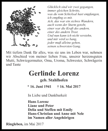 Traueranzeige von Gerlinde Lorenz von Thüringer Allgemeine, Thüringische Landeszeitung