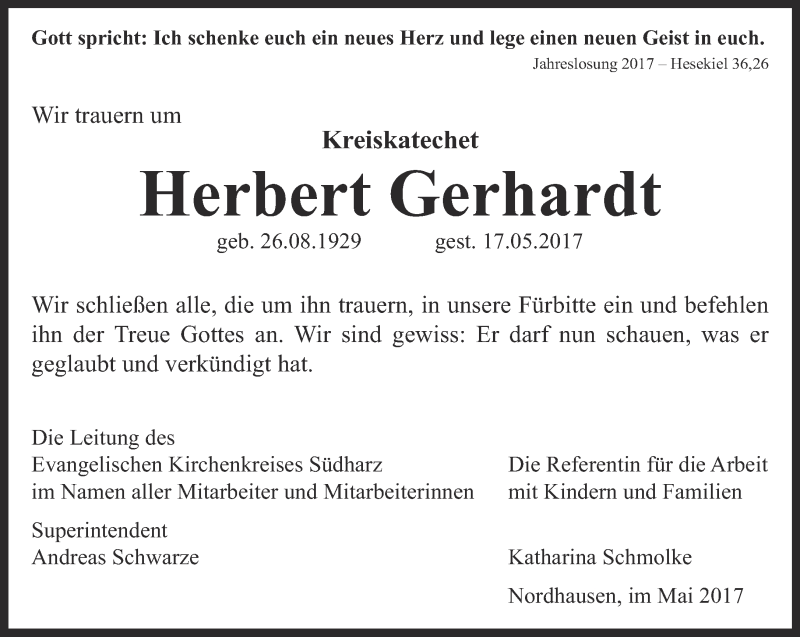  Traueranzeige für Herbert Gerhardt vom 31.05.2017 aus Thüringer Allgemeine