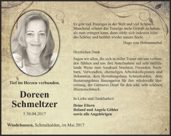 Traueranzeige von Doreen Schmeltzer von Thüringer Allgemeine