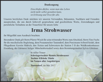 Traueranzeige von Irma Strohwasser von Ostthüringer Zeitung