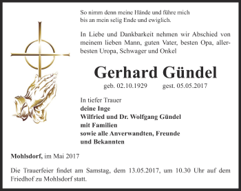 Traueranzeige von Gerhard Gündel von Ostthüringer Zeitung