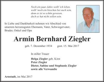 Traueranzeige von Armin Bernhard Ziegler von Thüringer Allgemeine
