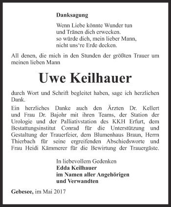 Traueranzeige von Uwe Keilhauer von Thüringer Allgemeine, Thüringische Landeszeitung