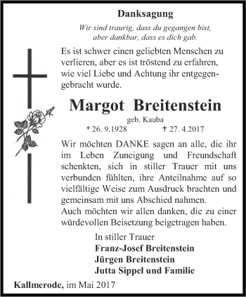 Traueranzeige von Margot Breitenstein von Thüringer Allgemeine