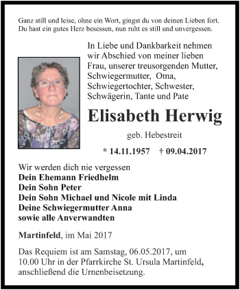 Traueranzeige von Elisabeth Herwig von Thüringer Allgemeine