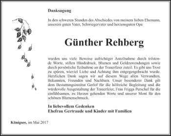 Traueranzeige von Günther Rehberg von Ostthüringer Zeitung