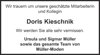 Traueranzeige von Doris Kieschnik von Ostthüringer Zeitung, Thüringische Landeszeitung
