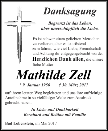Traueranzeige von Mathilde Zell von Ostthüringer Zeitung