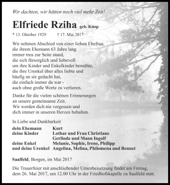Traueranzeige von Elfriede Rziha von Ostthüringer Zeitung