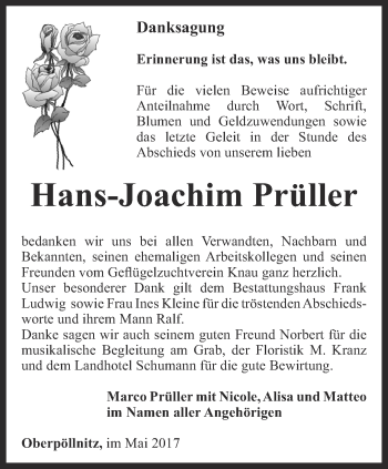 Traueranzeige von Hans-Joachim Prüller von Ostthüringer Zeitung