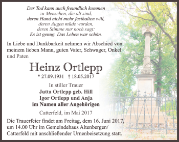 Traueranzeige von Heinz Ortlepp von Ostthüringer Zeitung, Thüringische Landeszeitung
