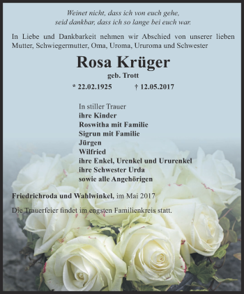 Traueranzeige von Rosa Krüger von Ostthüringer Zeitung, Thüringische Landeszeitung