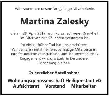 Traueranzeige von Martina Zalesky von Thüringer Allgemeine