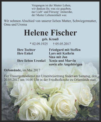 Traueranzeige von Helene Fischer von Ostthüringer Zeitung, Thüringische Landeszeitung