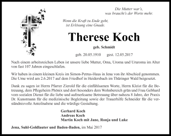 Traueranzeige von Therese Koch von Ostthüringer Zeitung, Thüringische Landeszeitung