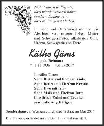 Traueranzeige von Käthe Gäms von Thüringer Allgemeine